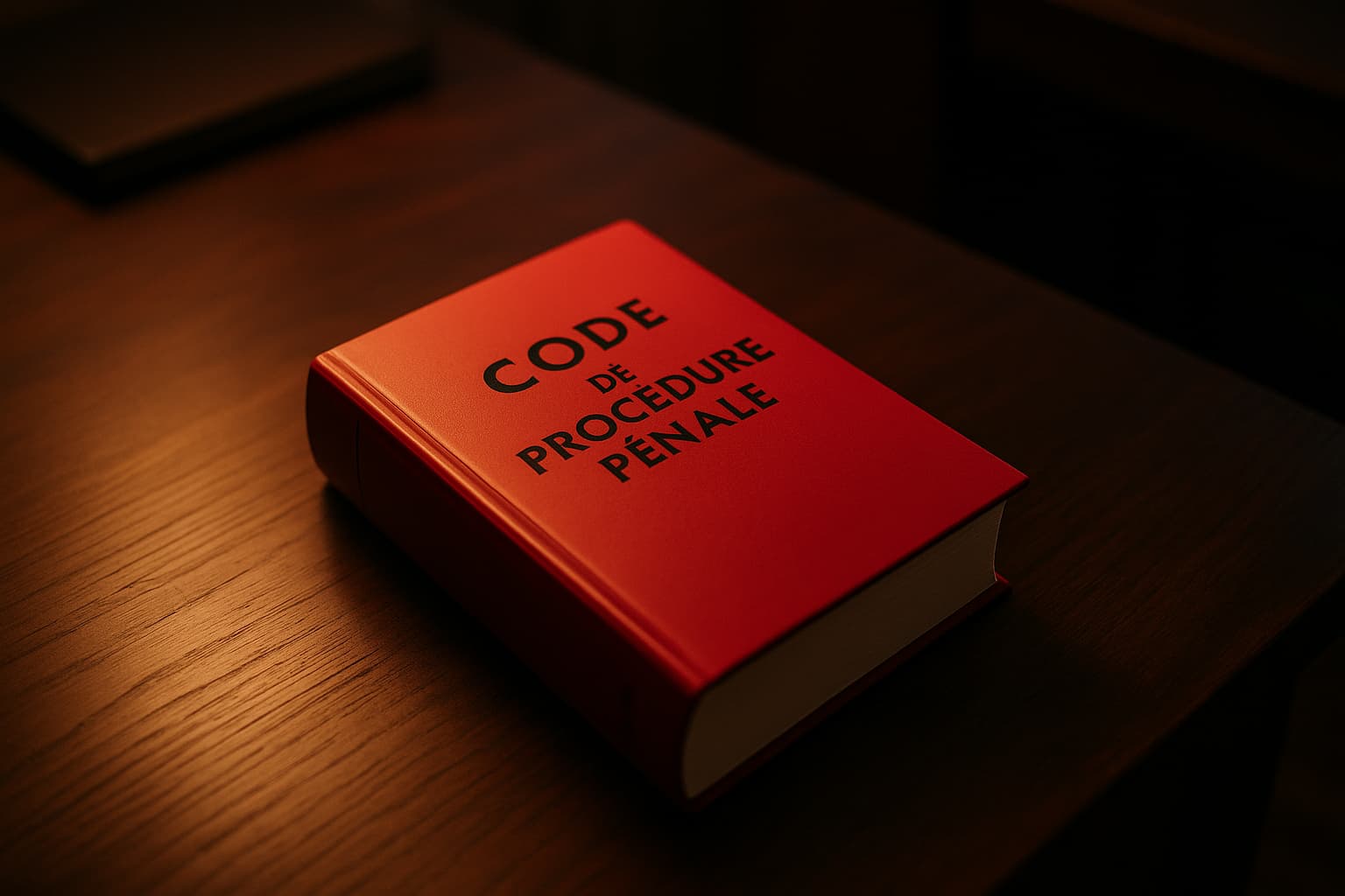 Code de procédure pénale posé sur un bureau en bois, éclairé par une lumière chaleureuse.