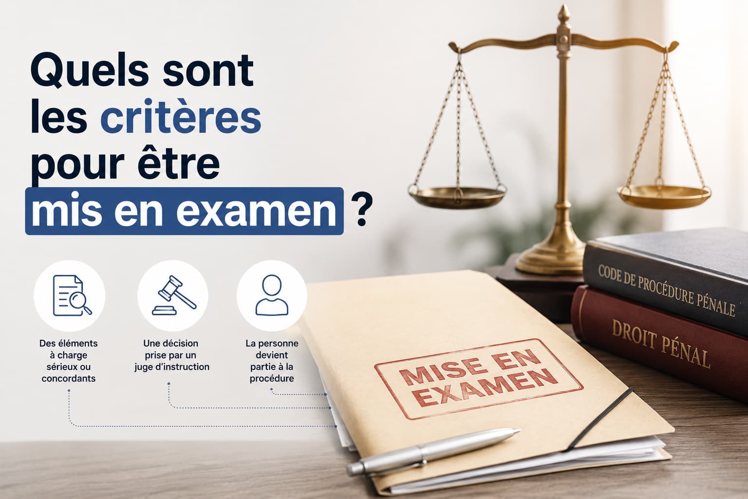 Illustration d’un dossier de mise en examen avec balance de justice et code de procédure pénale.