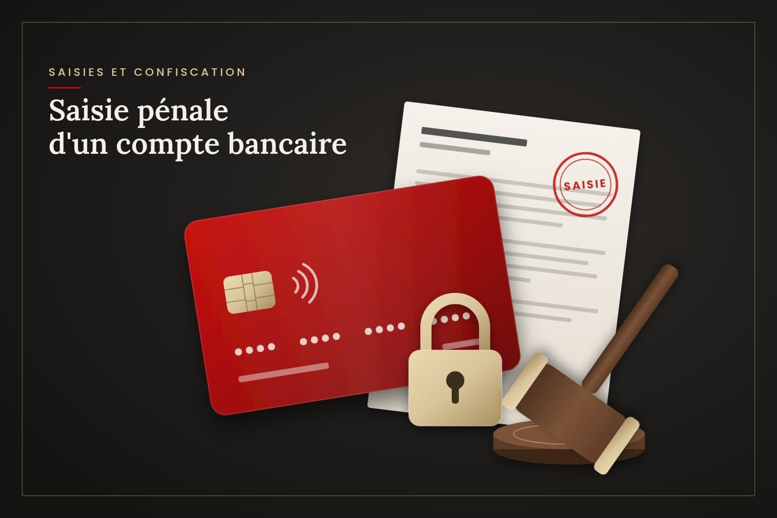 Carte bancaire verrouillée par un cadenas, posée sur une ordonnance de saisie pénale, à côté d'un marteau de justice