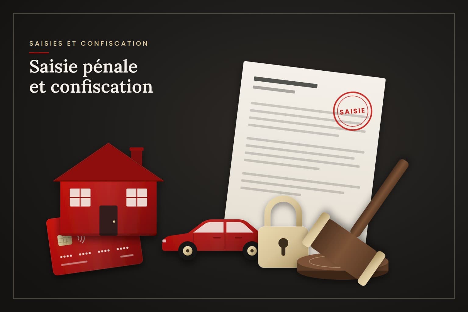 Saisie pénale et confiscation : compte bancaire, voiture et maison saisis, cadenas, ordonnance de saisie et marteau de juge